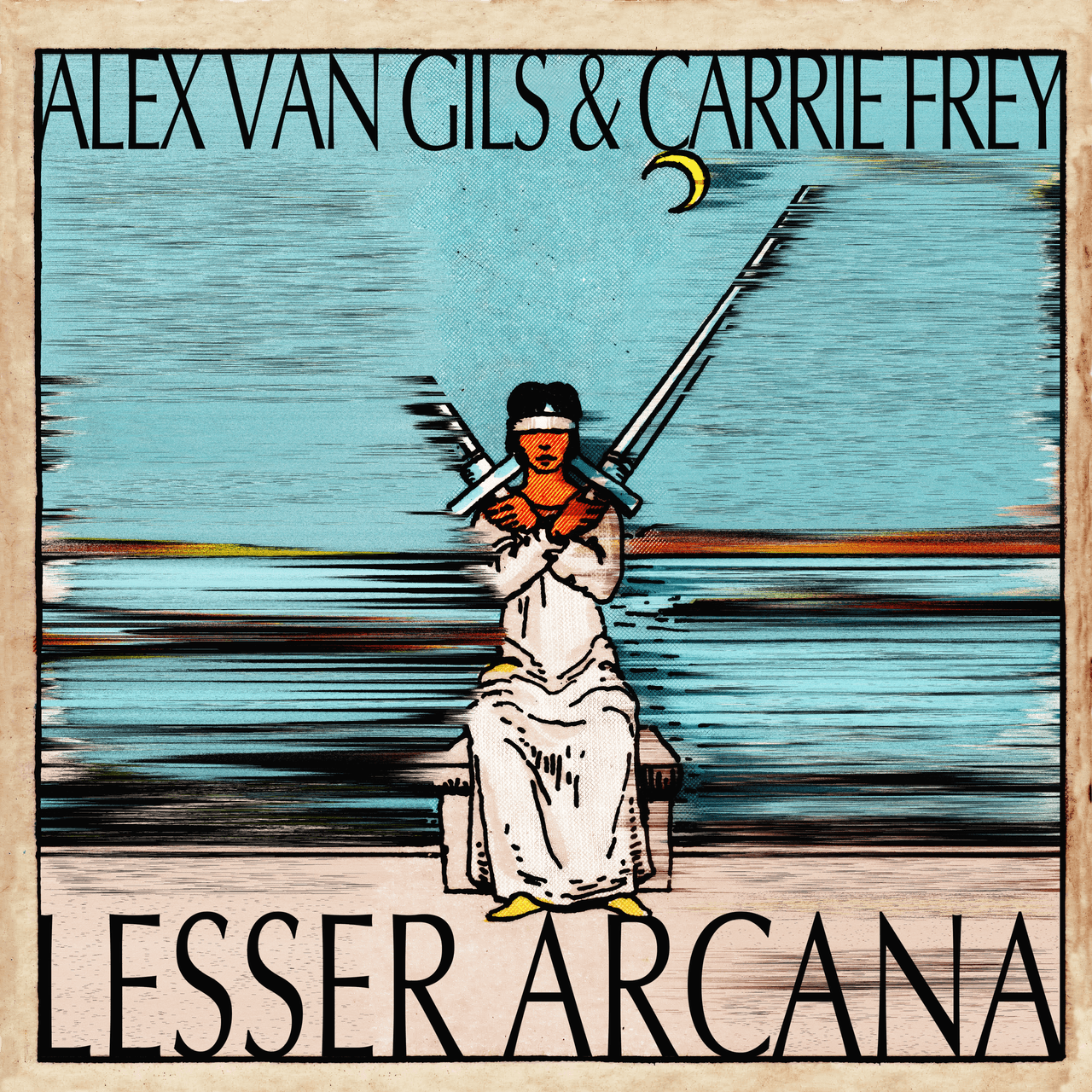 Lesser Arcana album cover — a blindfolded figure holding two crossed swords beneath a crescent moon, over a turquoise sea.